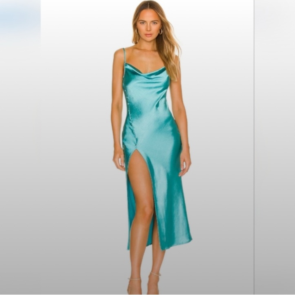 REVOLVE Teal Satin Cowl Neck Maxi Dress with Thigh Slit